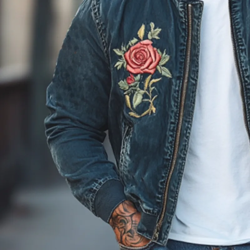 Men's Classic Casual Embroidered Denim Bomber Jacket 80642239K