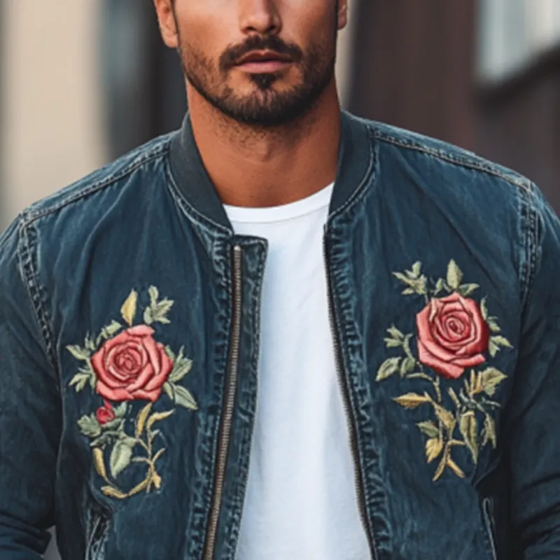 Men's Classic Casual Embroidered Denim Bomber Jacket 80642239K