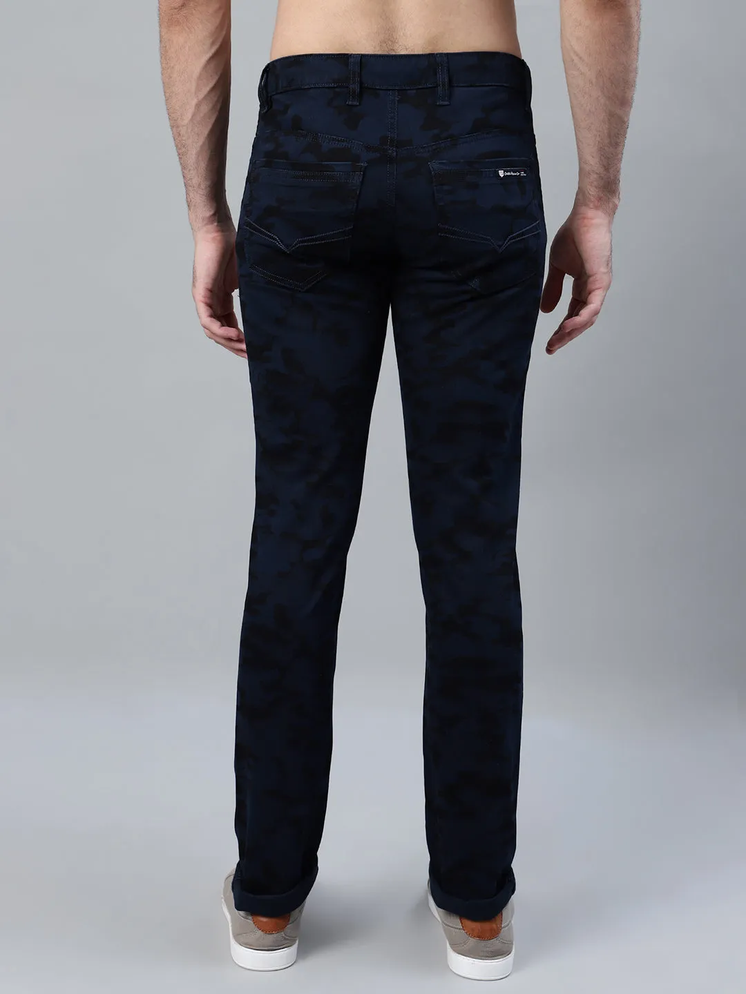 Men's Navy Blue Printed Non-Pleated Casual Trouser