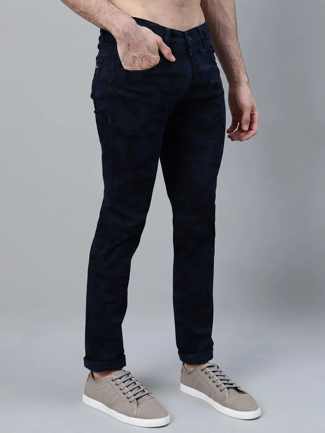 Men's Navy Blue Printed Non-Pleated Casual Trouser