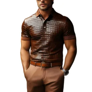Men's Retro Casual Slim Fit Textured Leather Short Sleeve POLO Shirt 53078717K