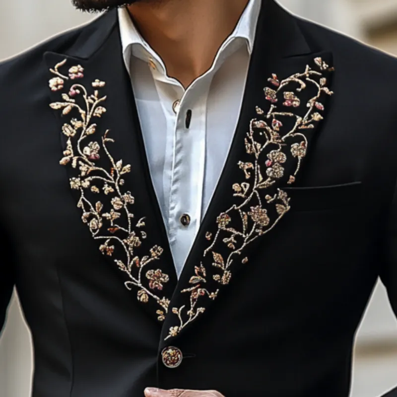 Men's Vintage Peaked Lapel Embroidered Single Breasted Slim Fit Blazer 64012533M