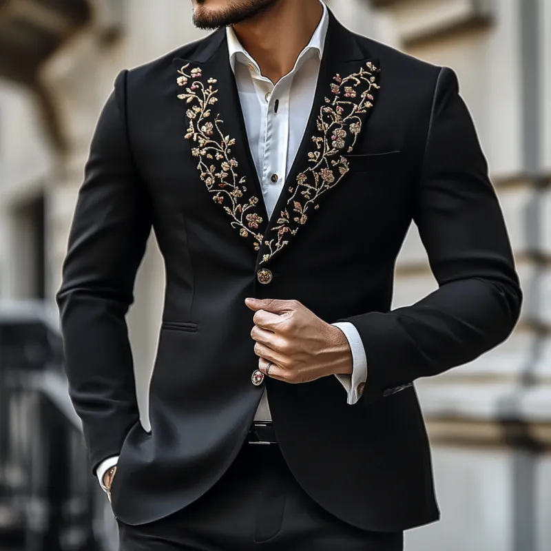 Men's Vintage Peaked Lapel Embroidered Single Breasted Slim Fit Blazer 64012533M