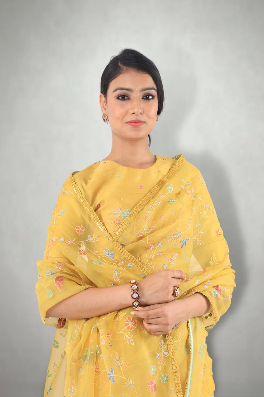 Mustard  Aari & Mirror Work Saree  Set