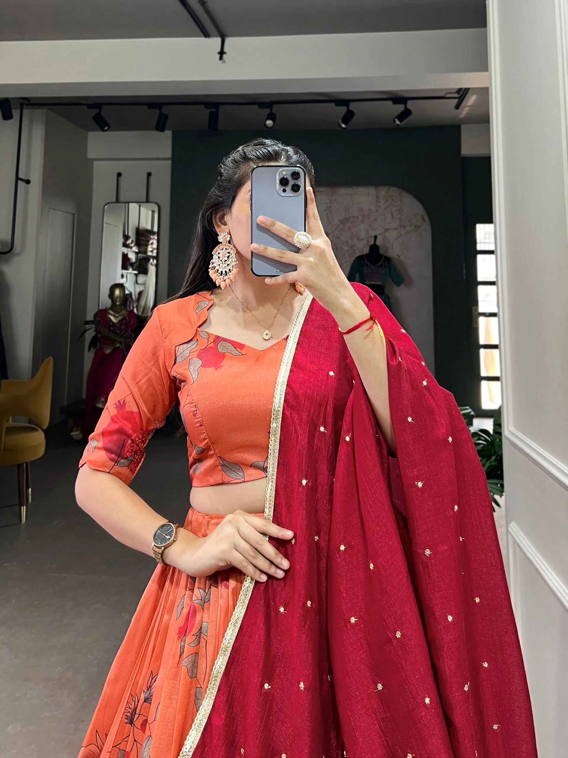 Passionate Peach Tussar Silk Printed Lehenga Choli