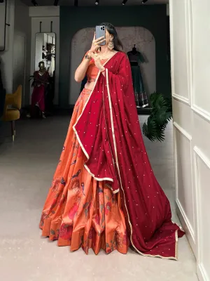 Passionate Peach Tussar Silk Printed Lehenga Choli