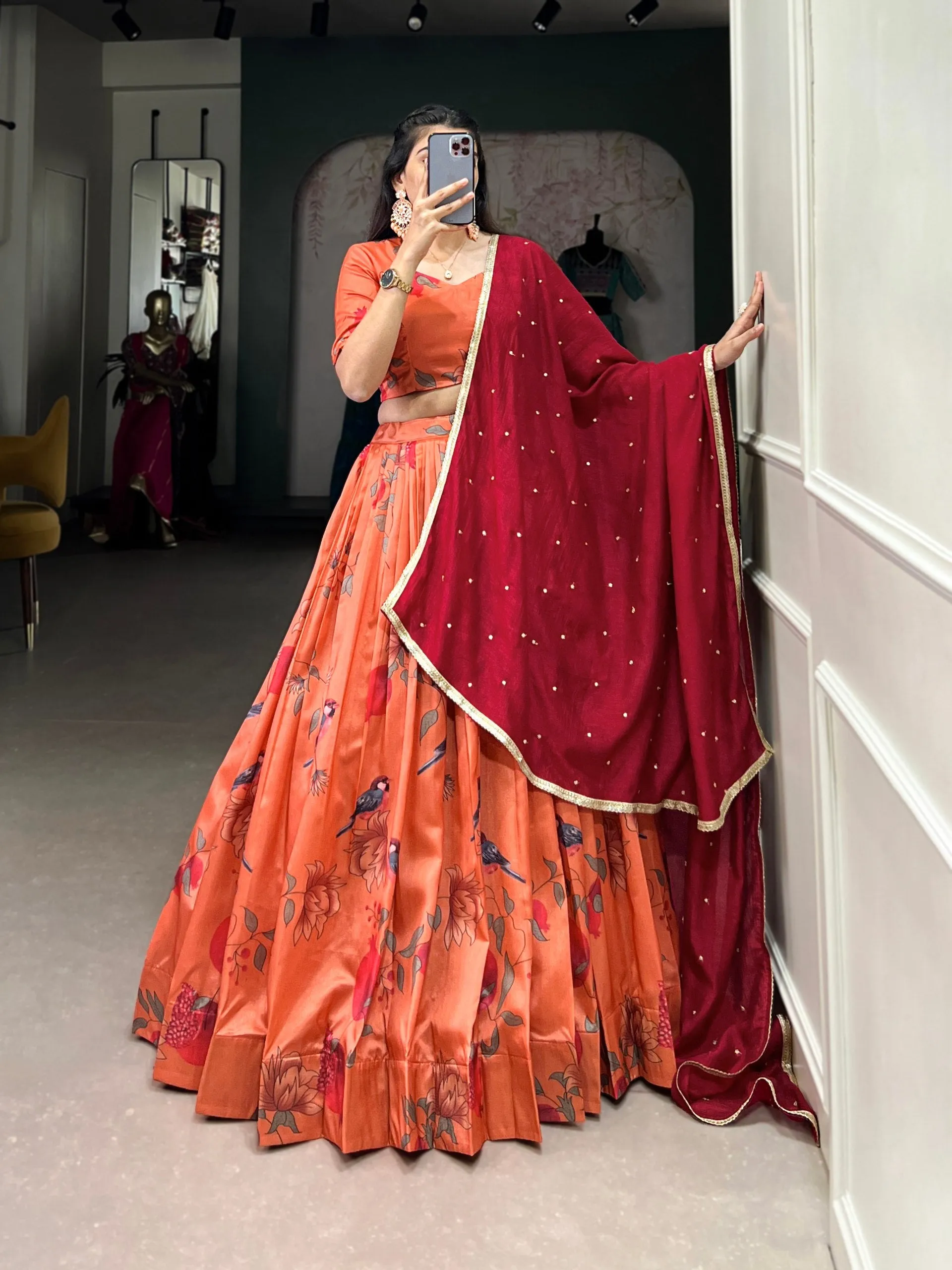 Passionate Peach Tussar Silk Printed Lehenga Choli