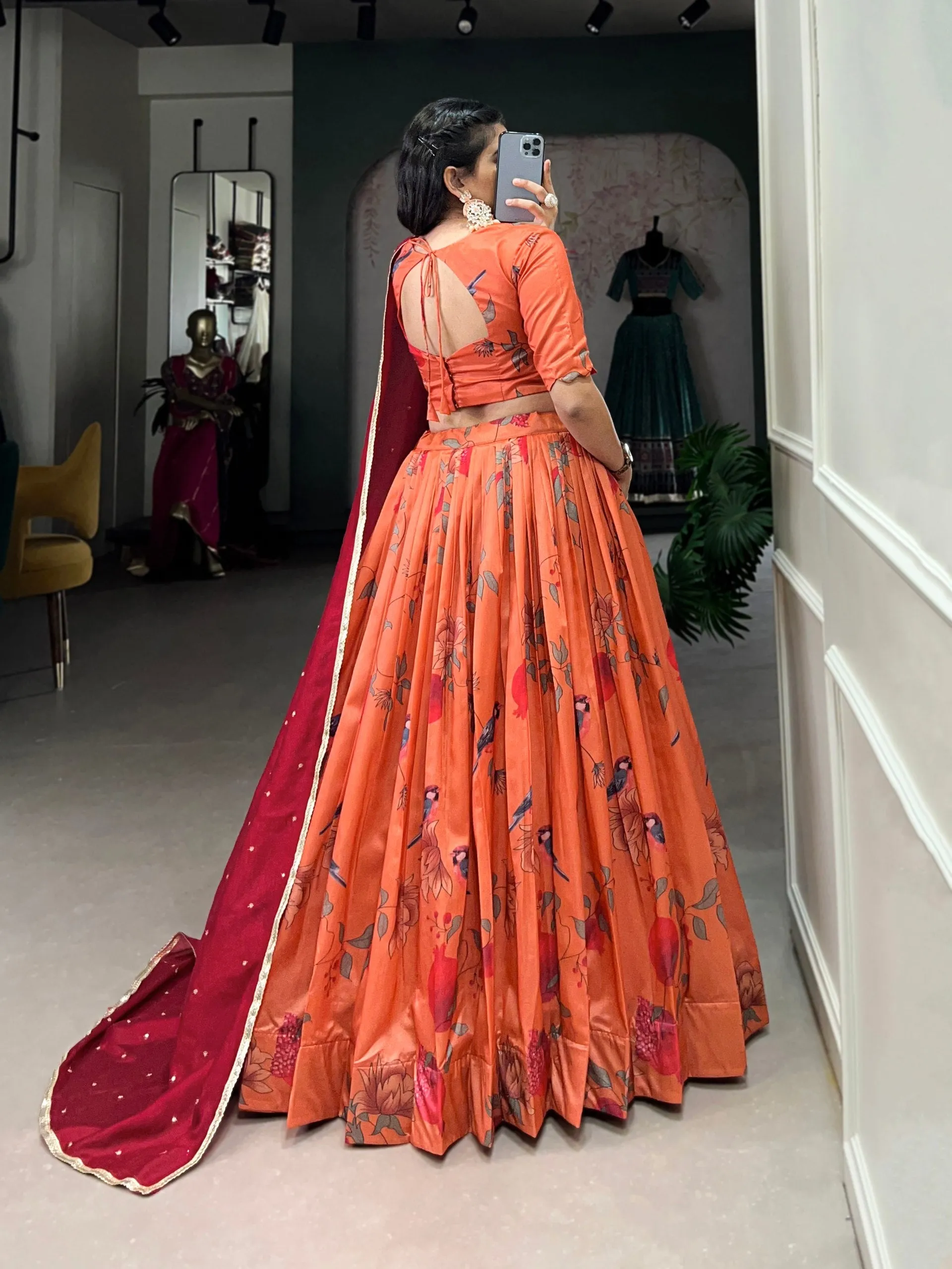 Passionate Peach Tussar Silk Printed Lehenga Choli