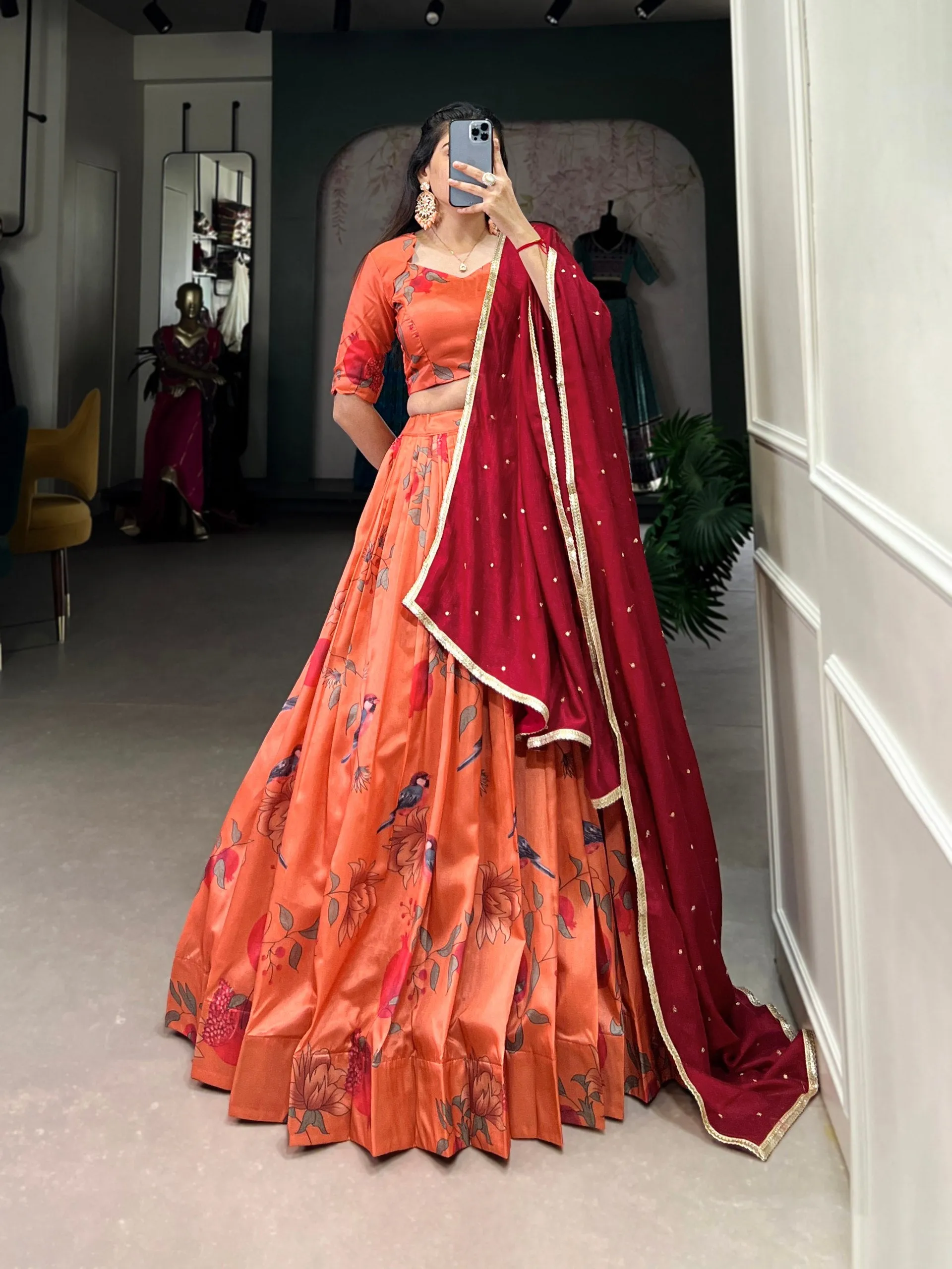 Passionate Peach Tussar Silk Printed Lehenga Choli
