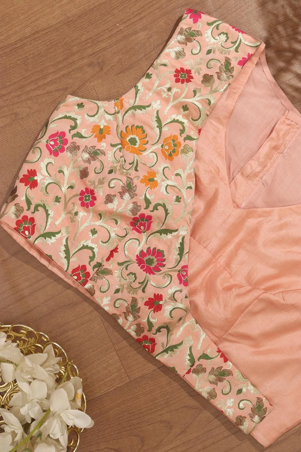 Peach Pink Pure Silk Non Padded KimKhwab Overlay Design Blouse