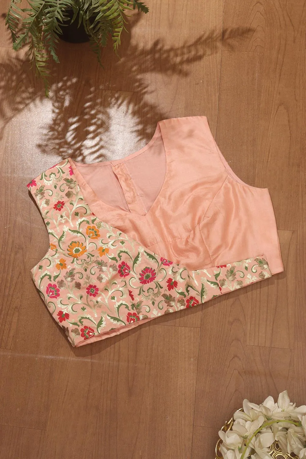 Peach Pink Pure Silk Non Padded KimKhwab Overlay Design Blouse