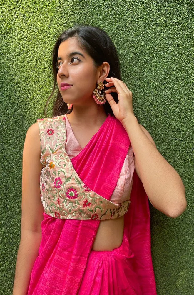Peach Pink Pure Silk Non Padded KimKhwab Overlay Design Blouse