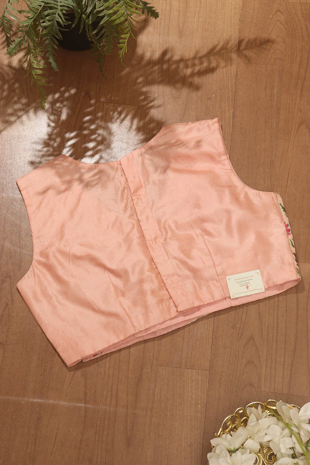 Peach Pink Pure Silk Non Padded KimKhwab Overlay Design Blouse