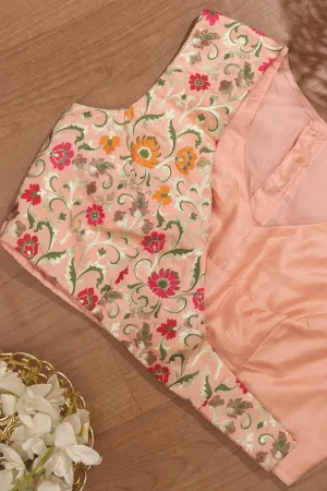 Peach Pink Pure Silk Non Padded KimKhwab Overlay Design Blouse