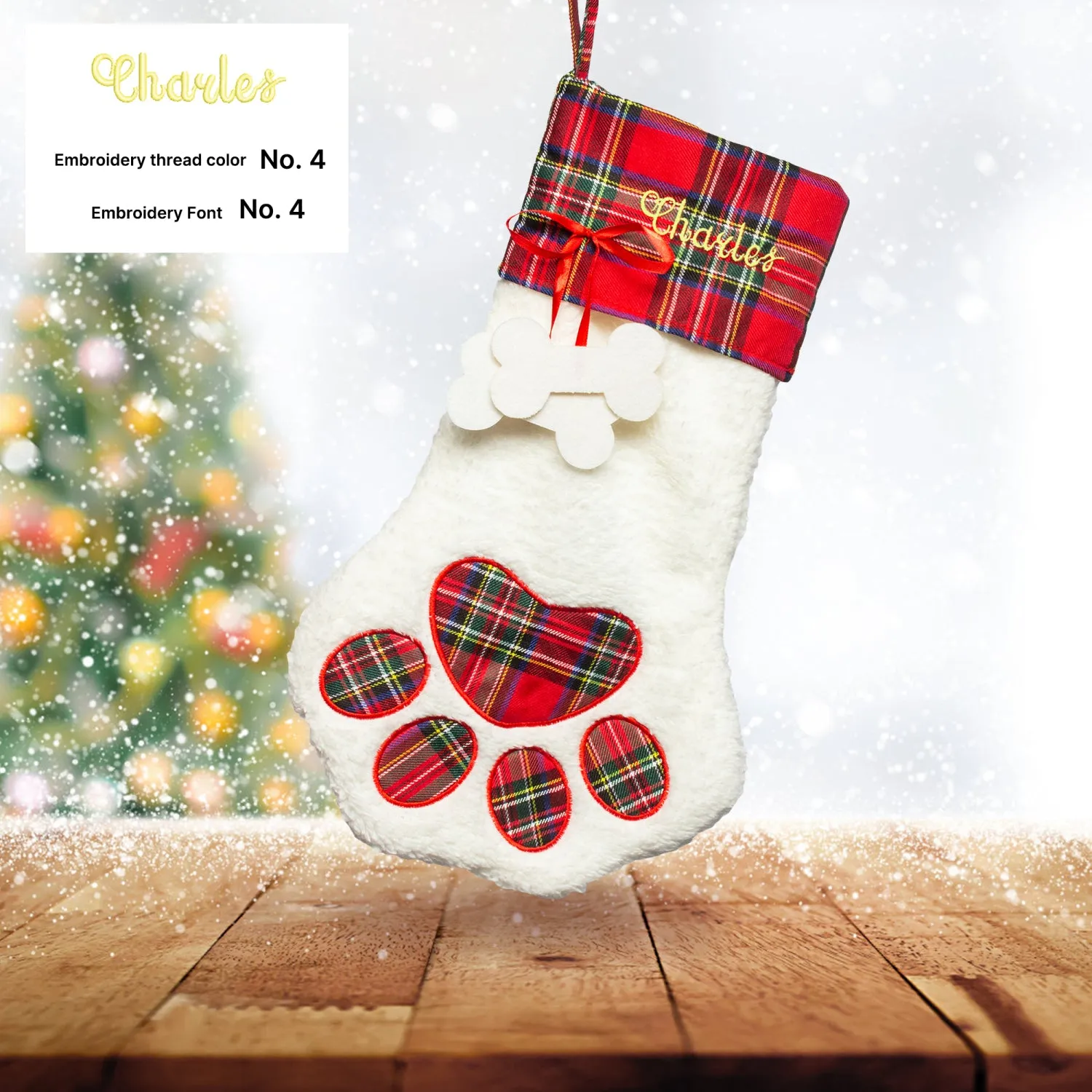 Personalized Paw Print shaped Embroidered Christmas Stocking