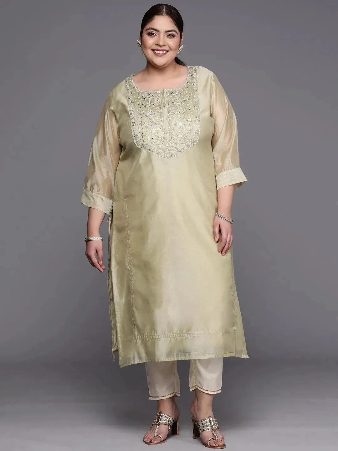 Plus Size Beige Yoke Design Chanderi Cotton Straight Kurta