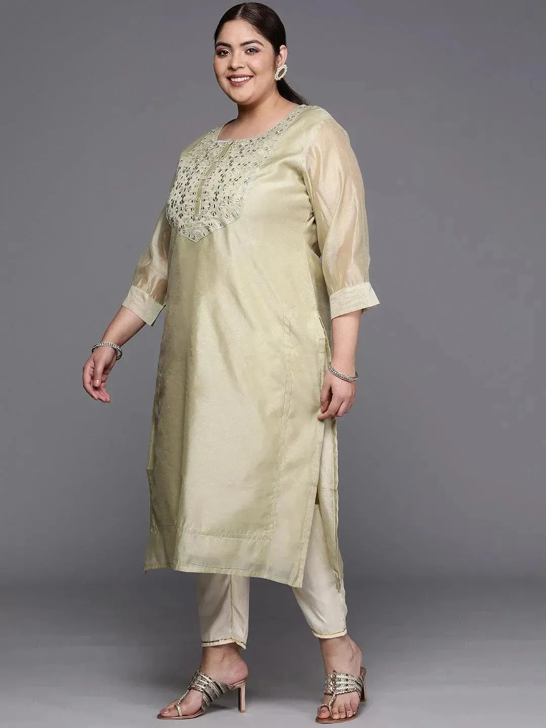 Plus Size Beige Yoke Design Chanderi Cotton Straight Kurta