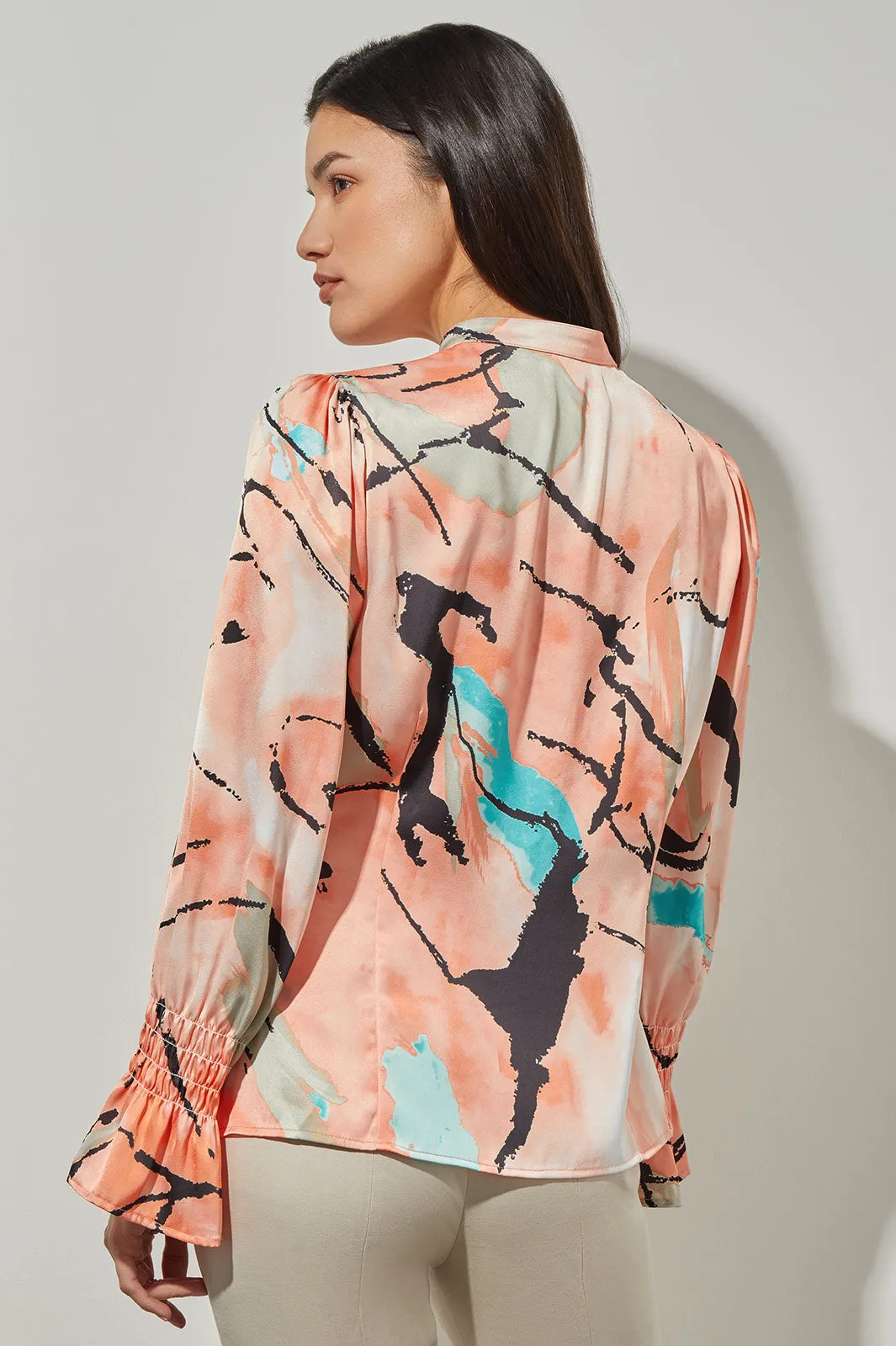 Plus Size Button-Front Blouse - Poet Sleeve Abstract Woven