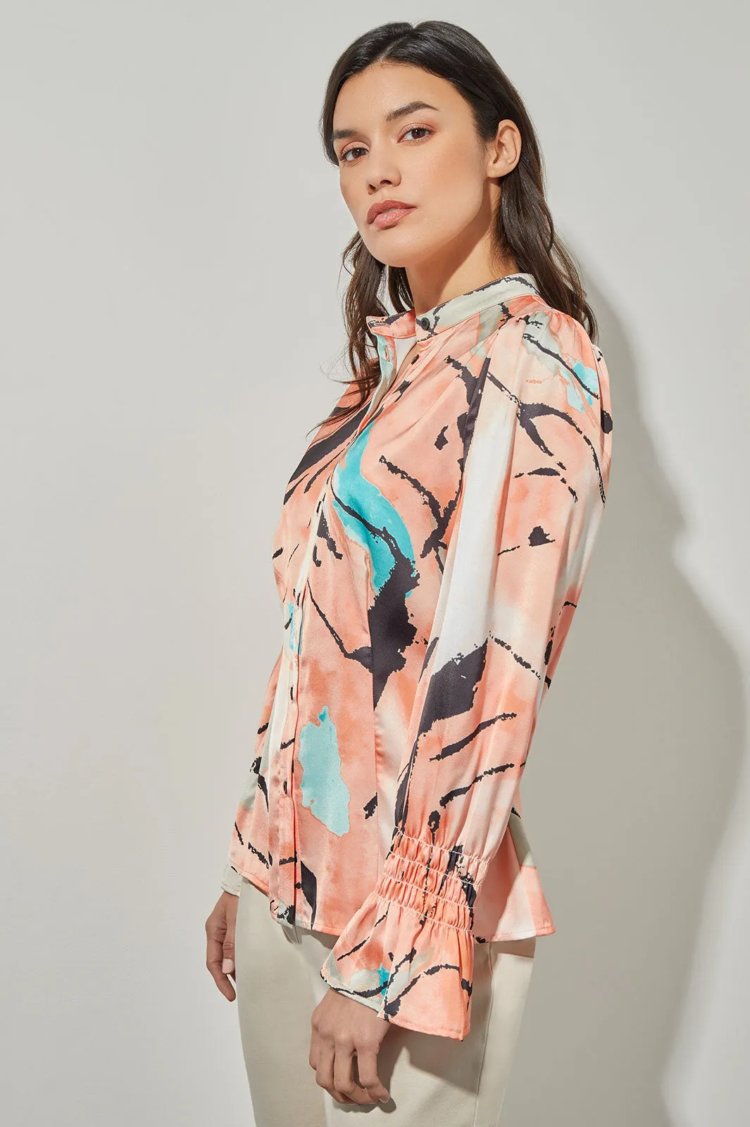 Plus Size Button-Front Blouse - Poet Sleeve Abstract Woven