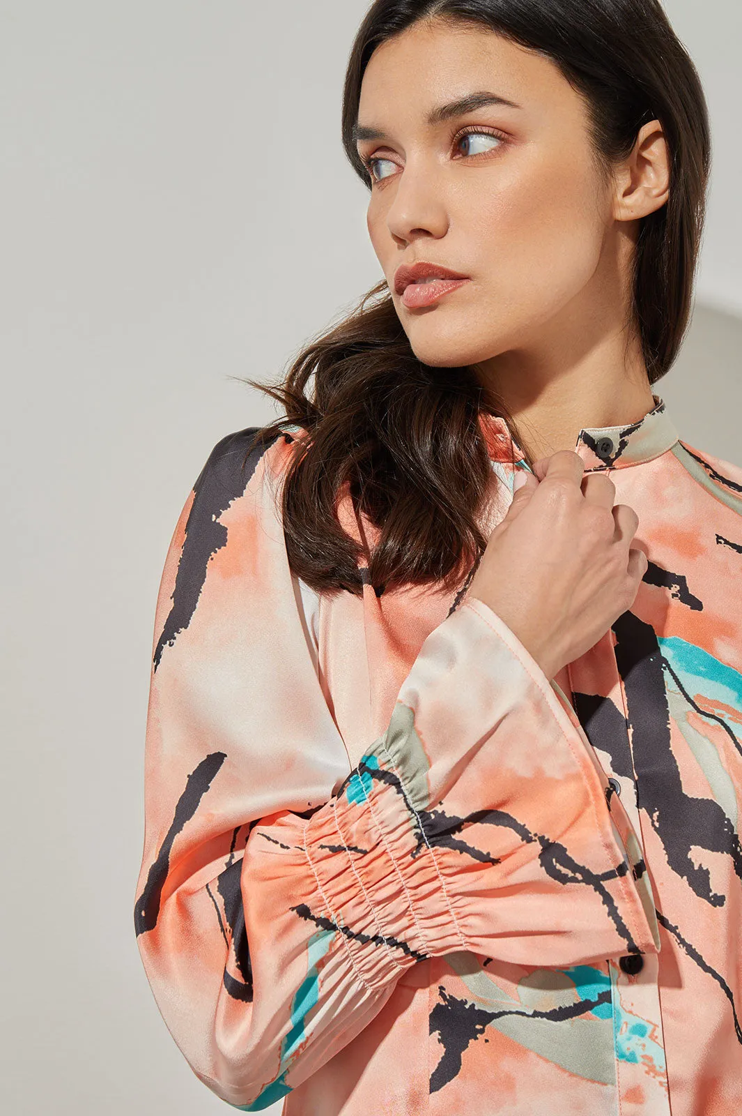 Plus Size Button-Front Blouse - Poet Sleeve Abstract Woven