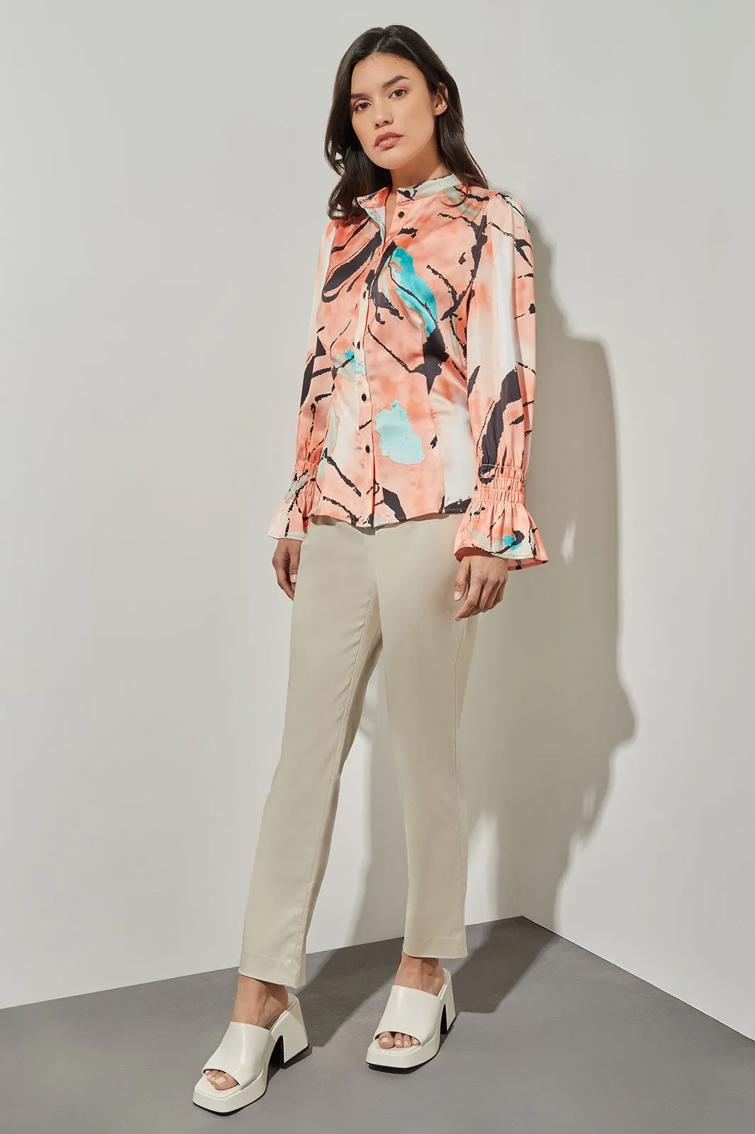 Plus Size Button-Front Blouse - Poet Sleeve Abstract Woven
