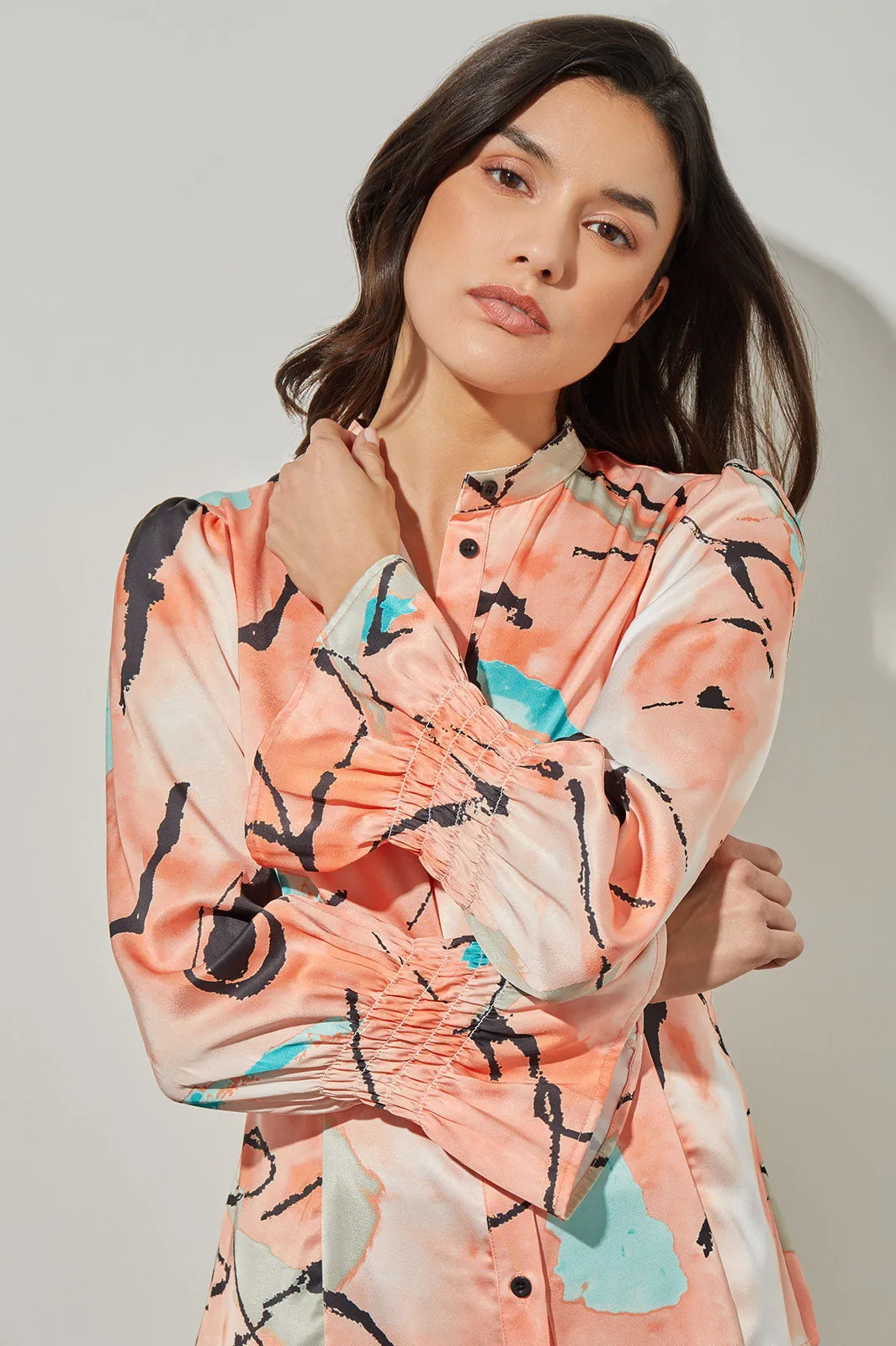 Plus Size Button-Front Blouse - Poet Sleeve Abstract Woven