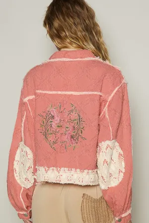 POL Pink Multi Crochet Patch Embroidered Button Up Jacket
