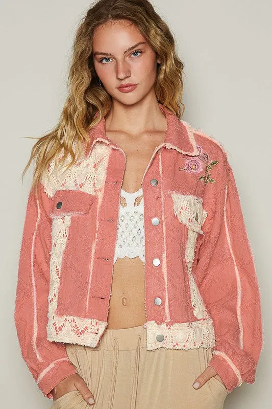 POL Pink Multi Crochet Patch Embroidered Button Up Jacket