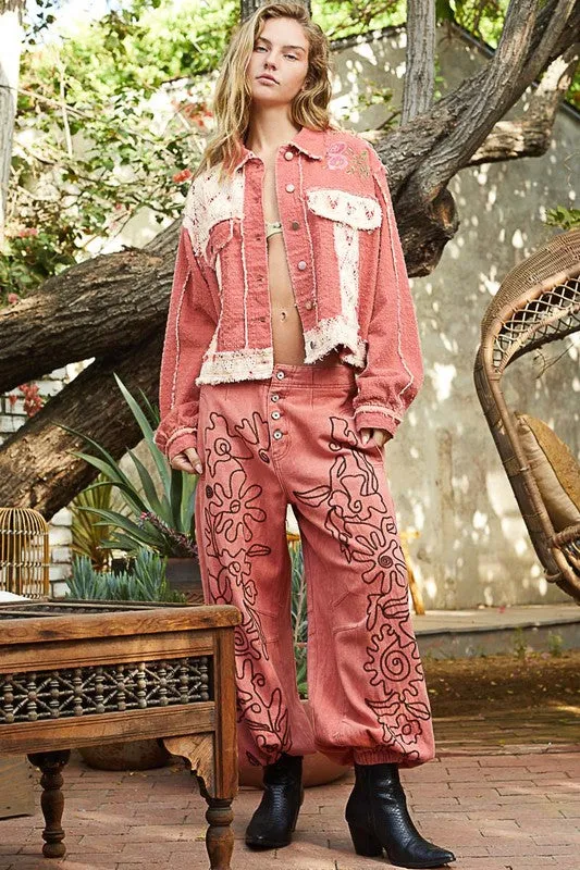 POL Pink Multi Crochet Patch Embroidered Button Up Jacket
