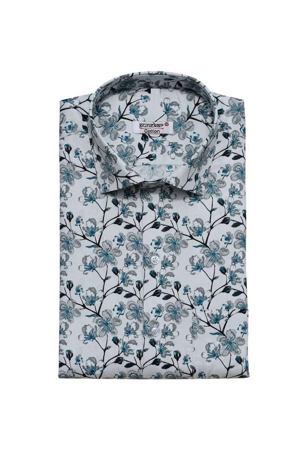 Punekar Cotton White Blue Color Printed Pure Cotton Handmade Formal Shirt for Men's.