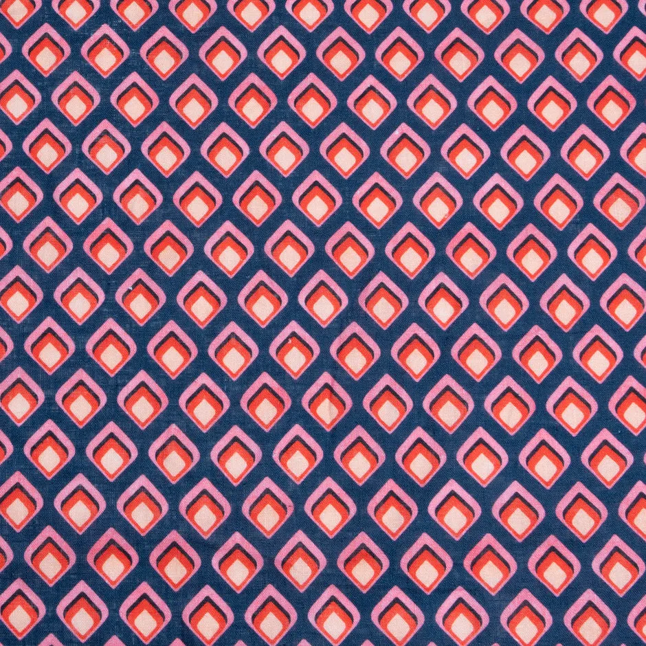 Red & Pink Geo Printed Navy Blue Pure Linen