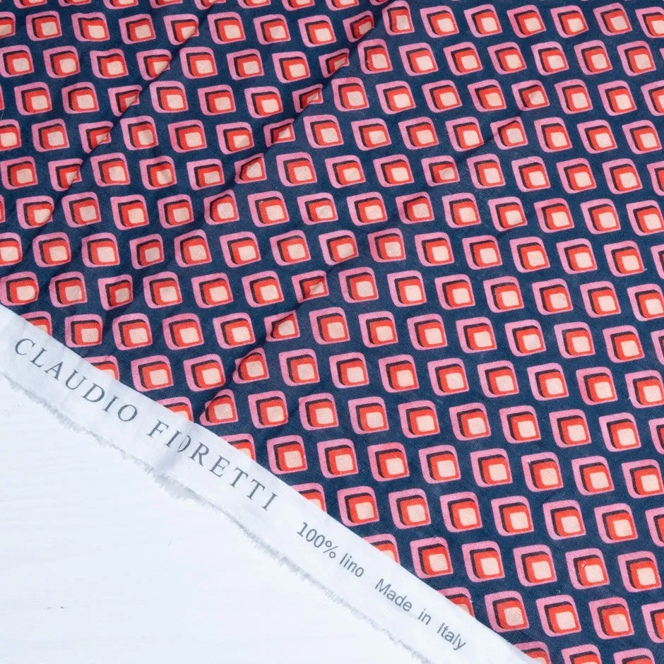 Red & Pink Geo Printed Navy Blue Pure Linen