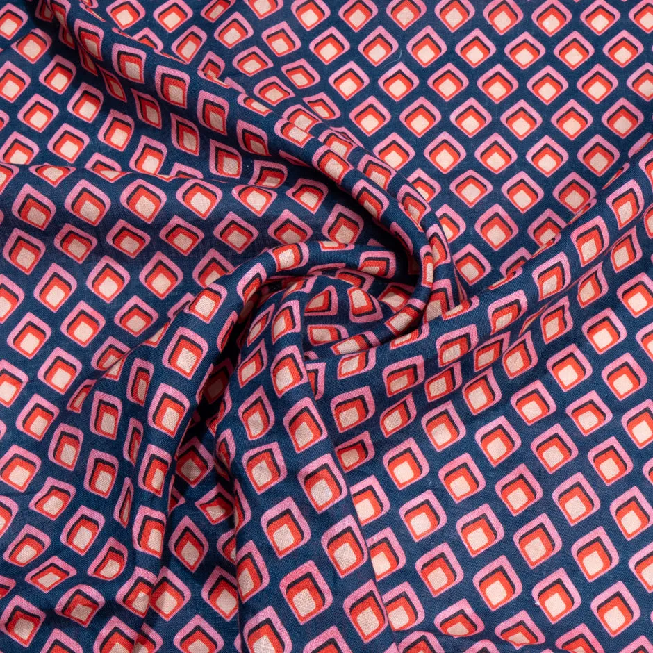 Red & Pink Geo Printed Navy Blue Pure Linen