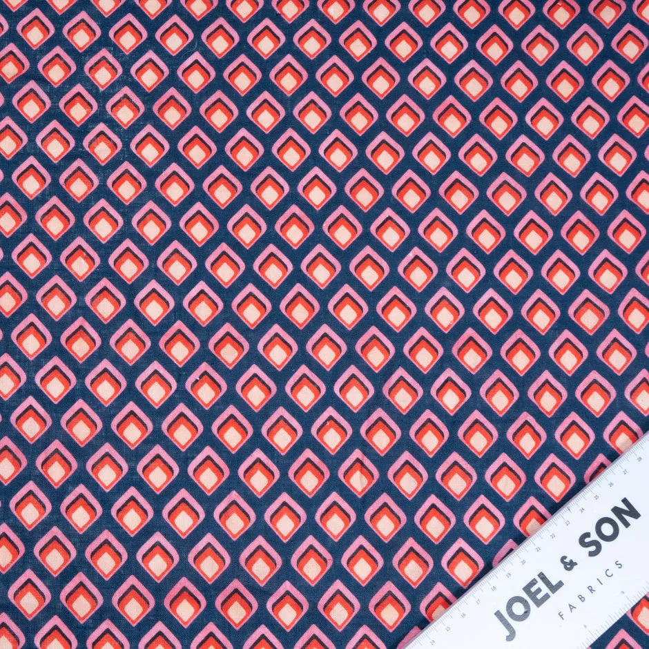 Red & Pink Geo Printed Navy Blue Pure Linen