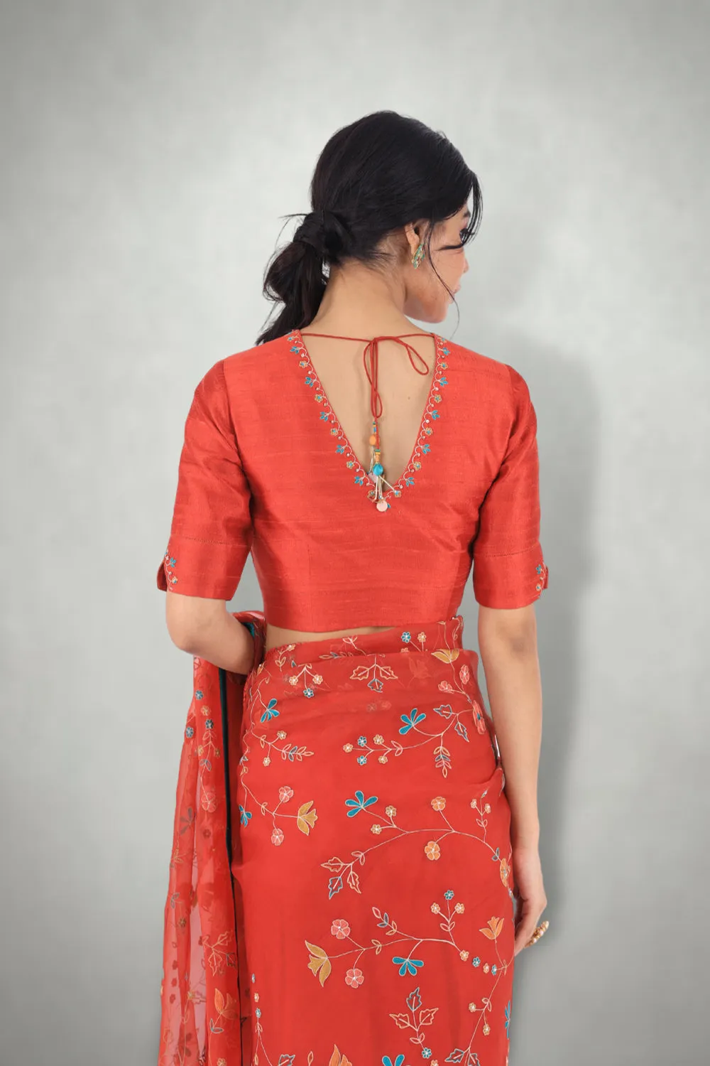Rust  Aari & Mirror Work Saree  Set