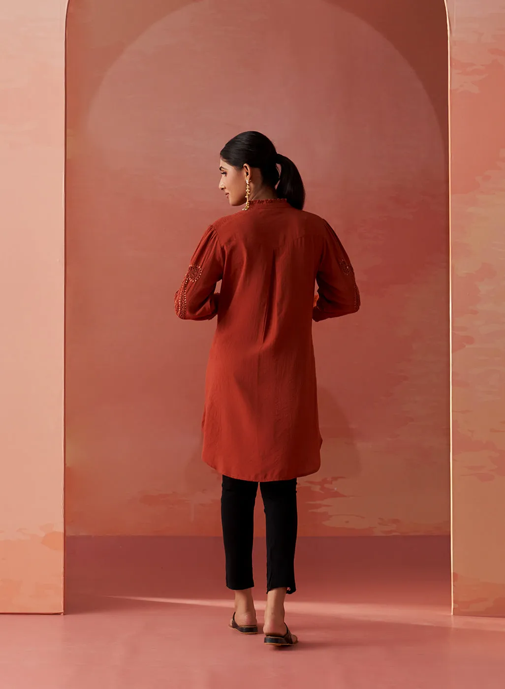 Saba Rust Cotton Linen Embroidered Top for Women