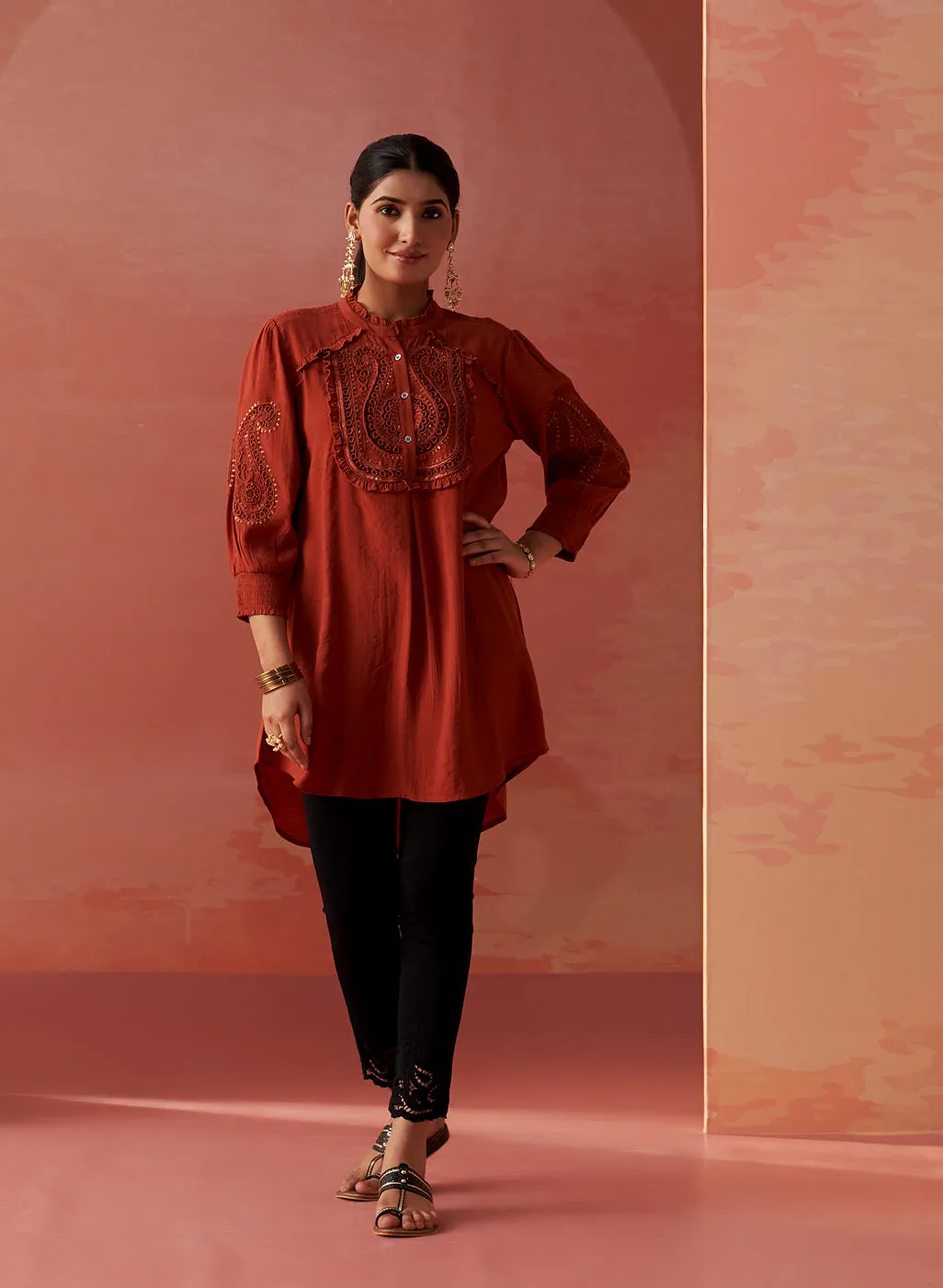 Saba Rust Cotton Linen Embroidered Top for Women