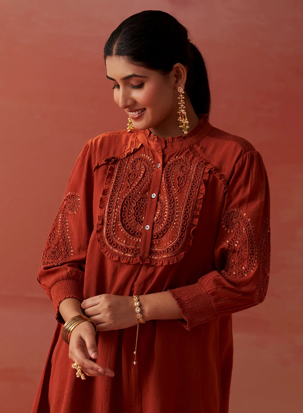 Saba Rust Cotton Linen Embroidered Top for Women