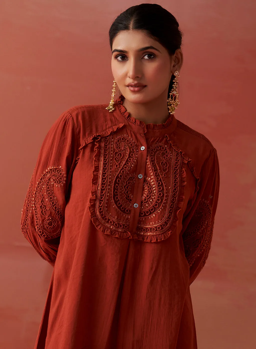 Saba Rust Cotton Linen Embroidered Top for Women