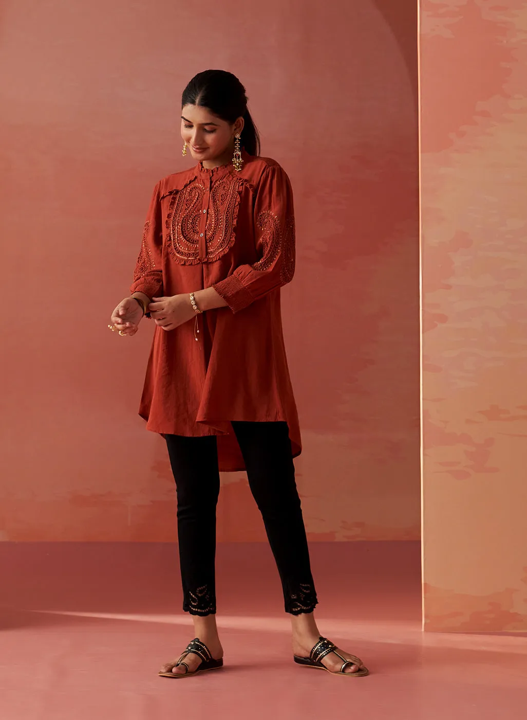 Saba Rust Cotton Linen Embroidered Top for Women