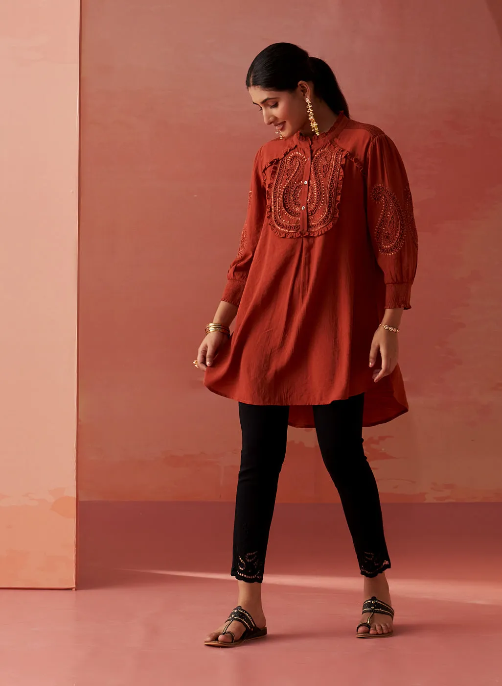 Saba Rust Cotton Linen Embroidered Top for Women