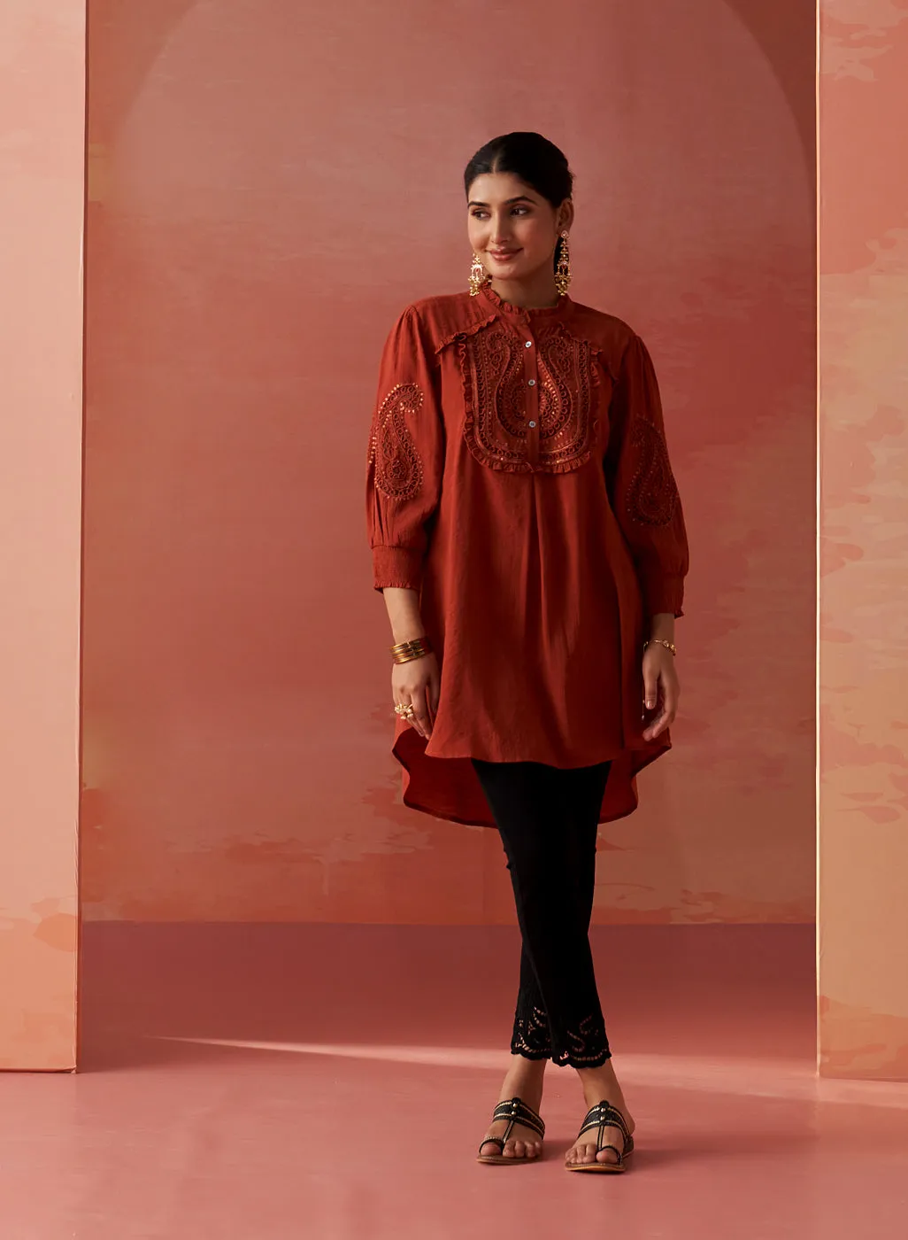 Saba Rust Cotton Linen Embroidered Top for Women