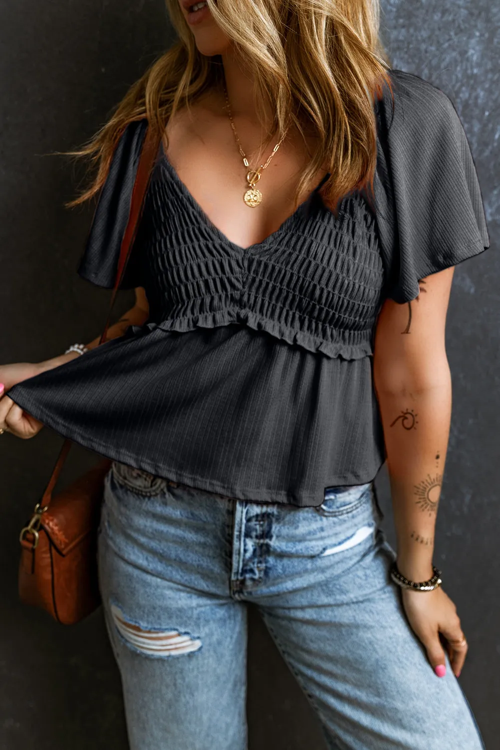 Short Sleeve V-neck Smocked top
