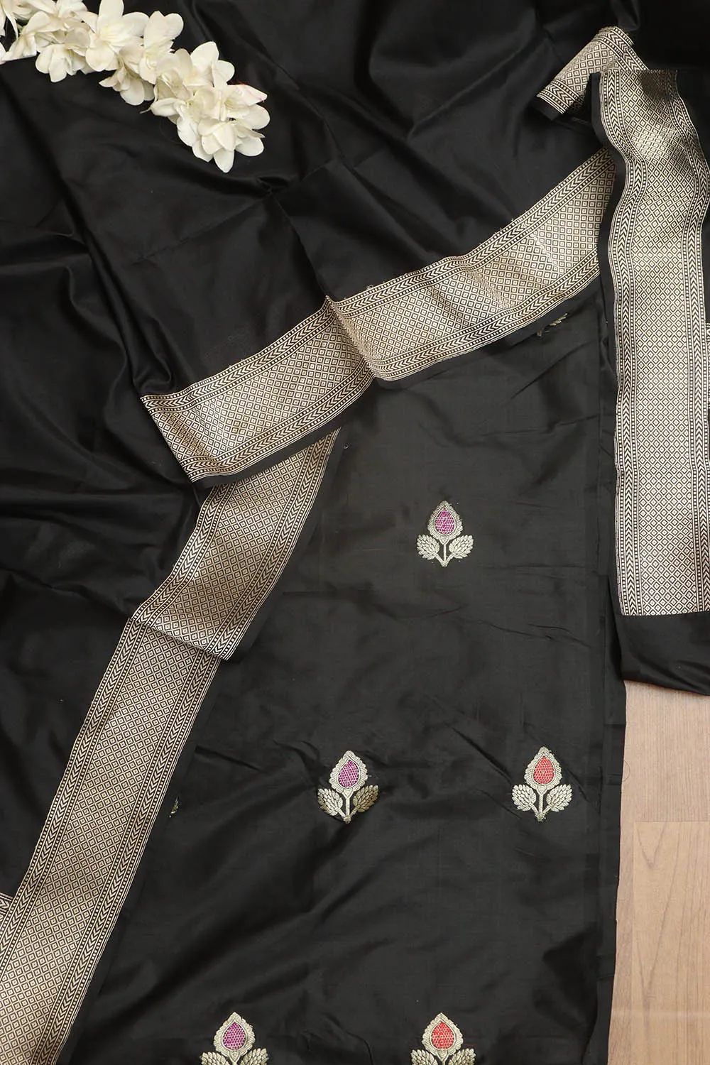 Stunning Black Banarasi Handloom Pure Katan Silk Meenakari Suit With Banarasi Handloom Pure Katan Silk Dupatta