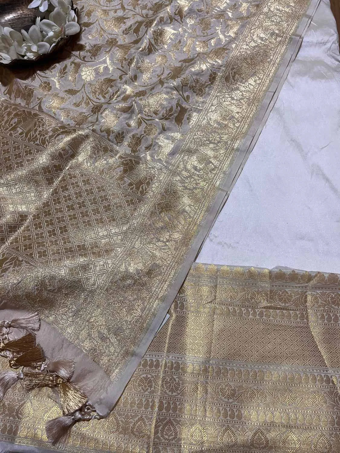 Stunning White Banarasi Silk Three Piece Unstitched Suit Set