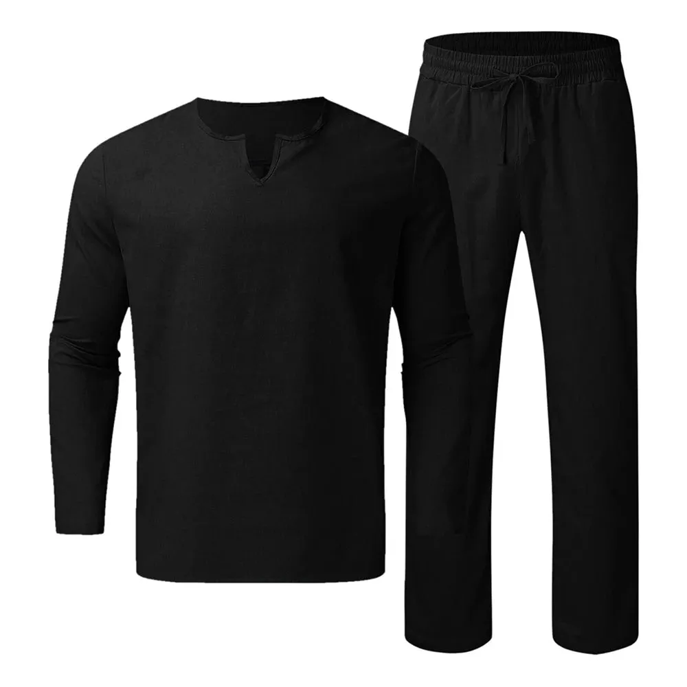 Summer 2Pcs/set Men's Cotton Linen Blend Sets Long Sleeve V-neck T Shirts Pants Set Casual Men Beach Clothes Set