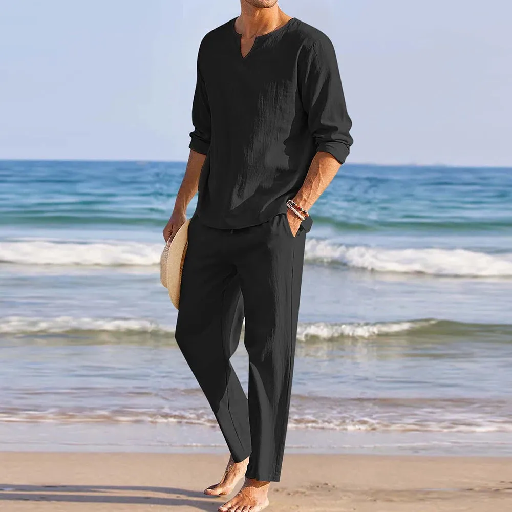 Summer 2Pcs/set Men's Cotton Linen Blend Sets Long Sleeve V-neck T Shirts Pants Set Casual Men Beach Clothes Set