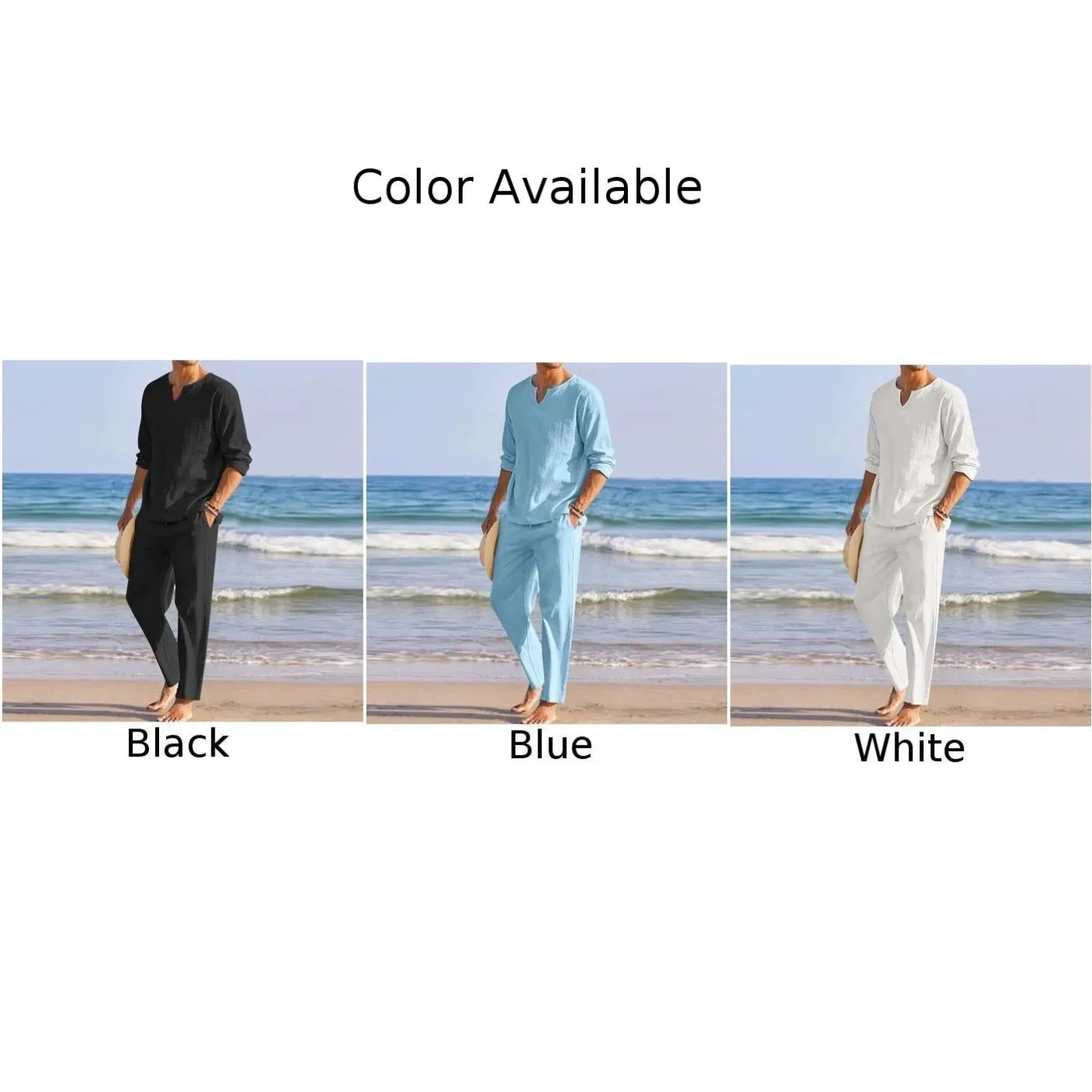 Summer 2Pcs/set Men's Cotton Linen Blend Sets Long Sleeve V-neck T Shirts Pants Set Casual Men Beach Clothes Set