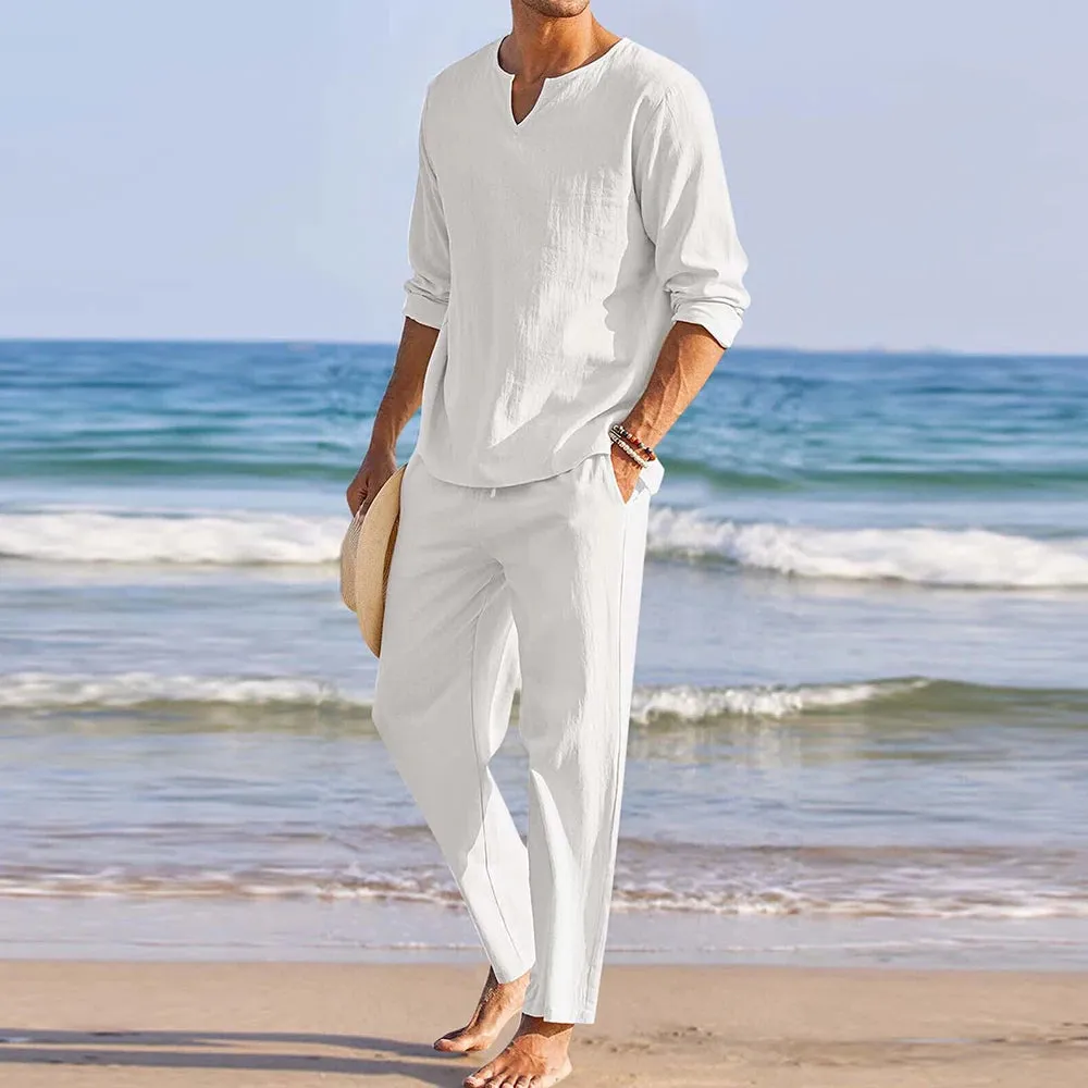 Summer 2Pcs/set Men's Cotton Linen Blend Sets Long Sleeve V-neck T Shirts Pants Set Casual Men Beach Clothes Set