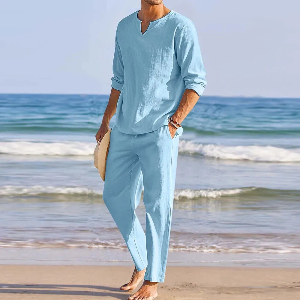 Summer 2Pcs/set Men's Cotton Linen Blend Sets Long Sleeve V-neck T Shirts Pants Set Casual Men Beach Clothes Set